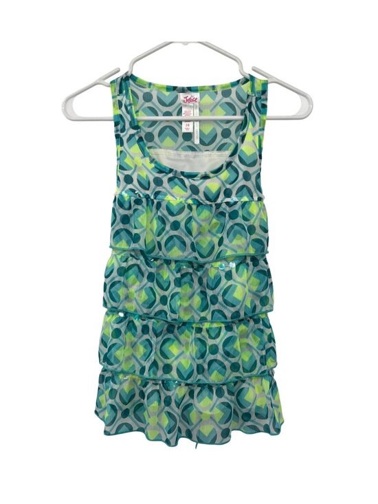 Justice Other - Justice Girls 16 Sleeveless Tiered Blouse Blue Lime Shimmer Ruffle Top Used